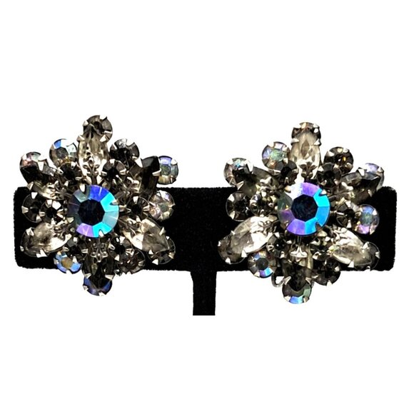 Vintage Rhinestone Earrings Fleur de Lis Aurora Borealis Gray Clear Clip Ons Cos - Picture 2 of 11